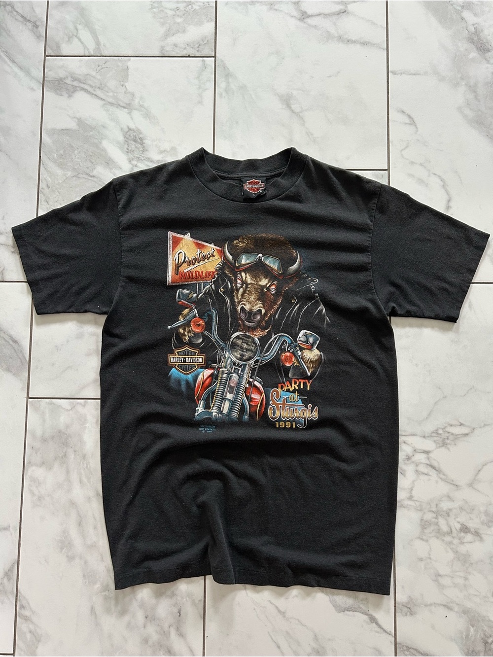 Vintage 1991 3D Emblem Harley Davidson Protect Wildlife Party at Sturgis T Shirt